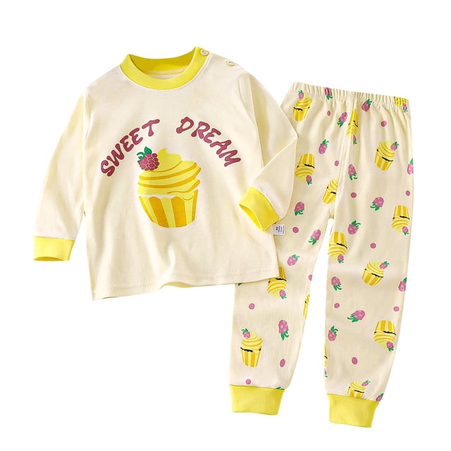 VOAVEKE Girls Pajamas,Toddler Pajamas,Breathable Blend Print Pajama Set for Girls with Round Neck and Ribbed Ankles Perfect for Cold Weather and Holiday Matching Yellow 1-2 Years