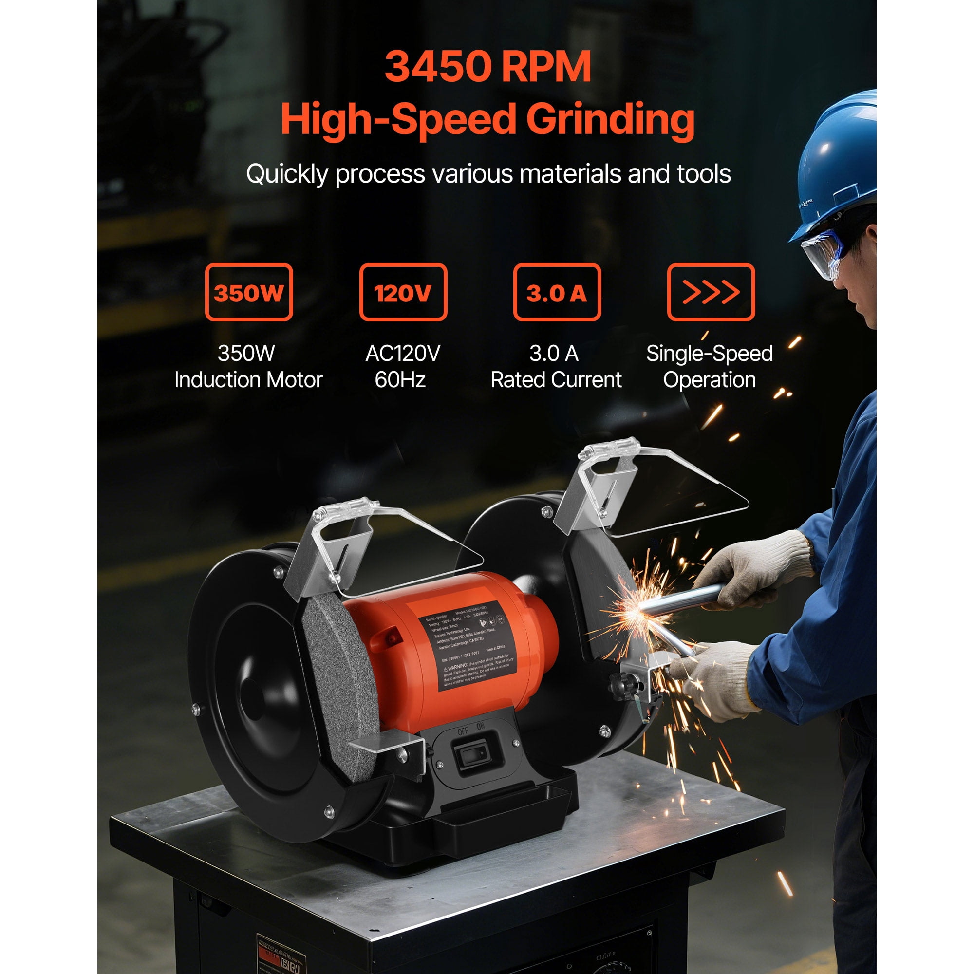 KFFKFF 8-Inch Bench Grinder with 3450RPM Speed, 350W Induction Motor, Dual 36/60-Grit Wheels, and Adjustable Eye Shield for Efficient Sharpening and Grinding
