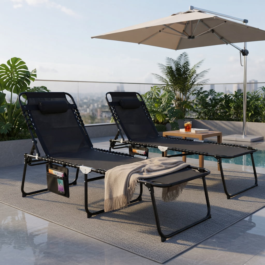 Hommoo 4-Position Adjustable Folding Lounge Chair, Chaise with Detachable Headrest, Side Pocket & Anti-Slip Feet for Poolside, Backyard, Camping, Black