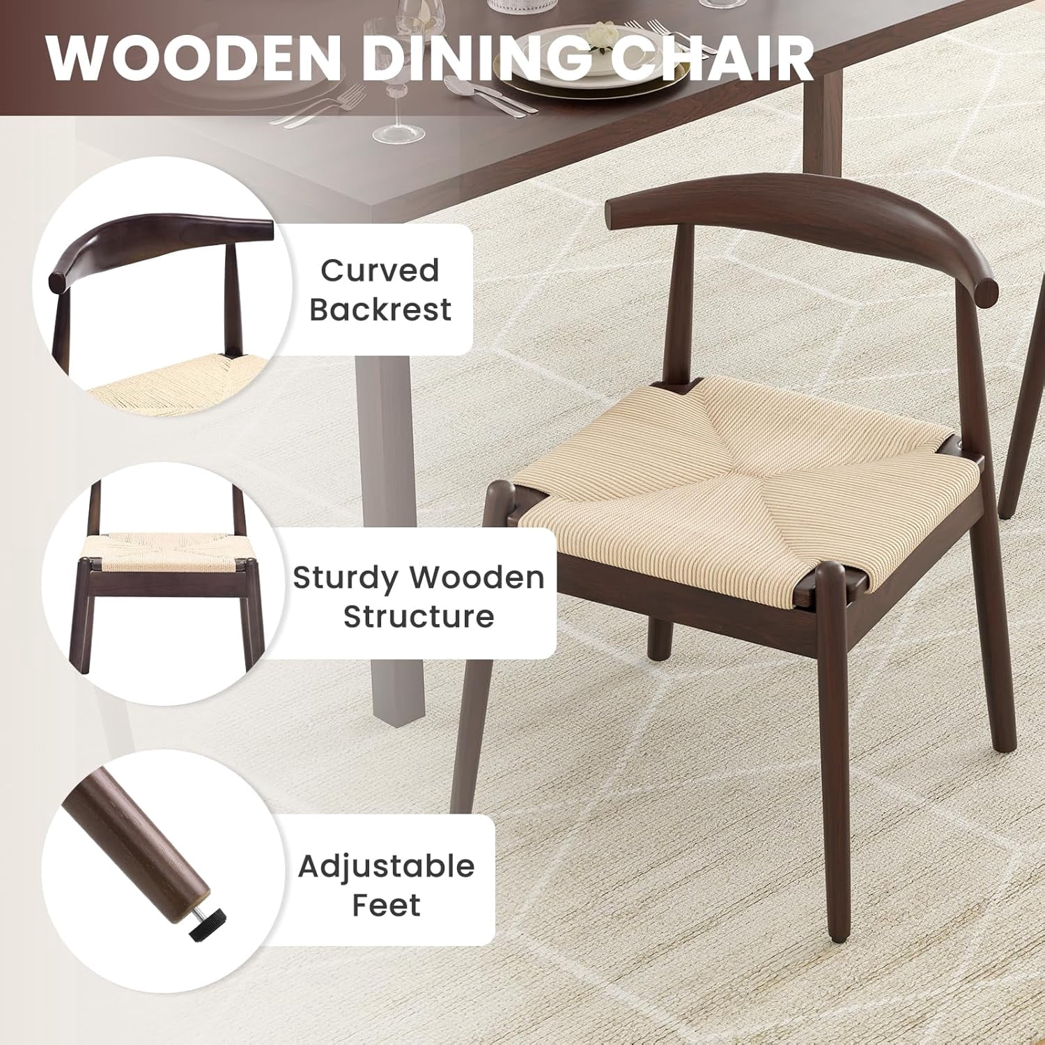 Farini Mid-Century Dining Chairs Set of 4, Solid Wood Frame & Woven Leather Seats, Latte-Beige