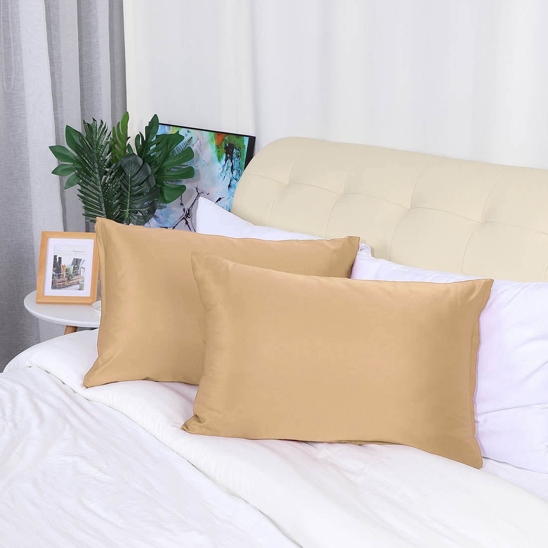 Unique Bargains Pillow Covers Silky Satin Zipper Pillowcases Set of 2 Caramel 21" x 27"