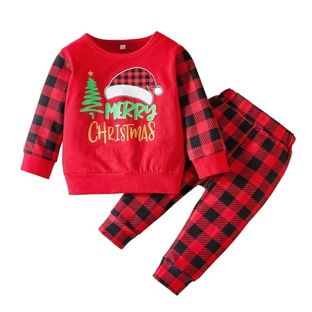 

EnJoCho Toddler Boys Girls Christmas Long Sleeve Cartoon Letter Prints T Shirt Tops Plaid Pants Outfits Kids Baby Winter Trendy Clothing Xmas Holiday Party Costumes