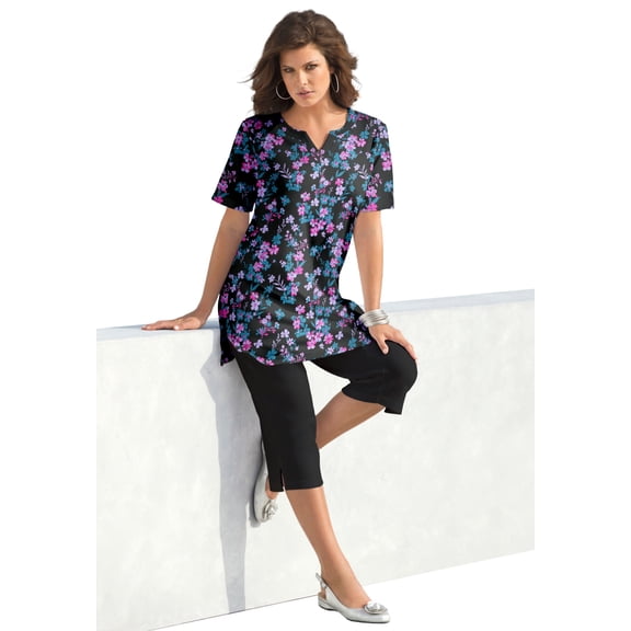 Roaman's Women's Plus Size Soft Knit Print Tunic With Notch Neckline
