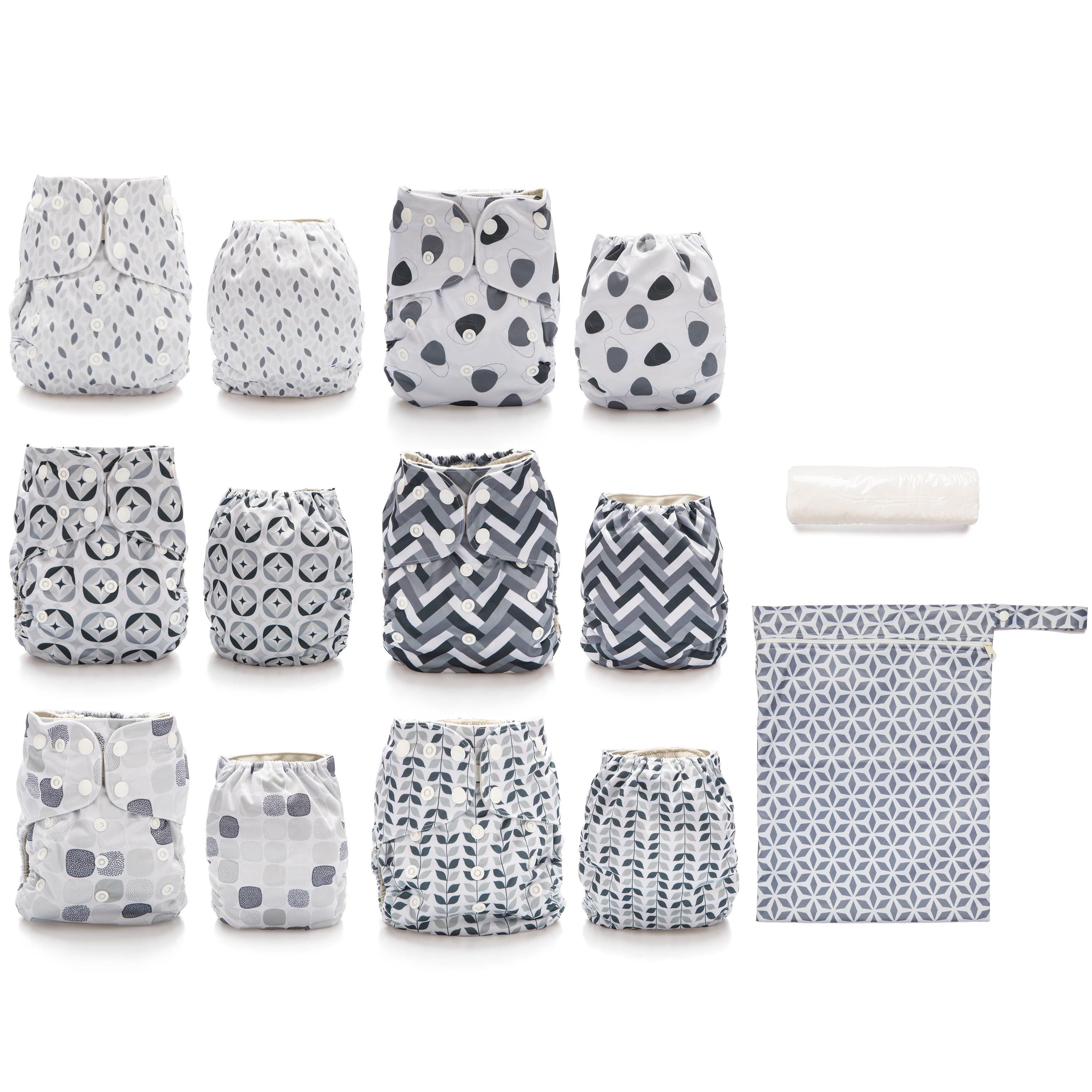 Simple Being Reusable Cloth Diapers, Double Gusset, Adjustable, Waterproof Cover, Washable, Eco-Friendly, 4-Layer Microfiber Inserts, Greys, 6-Pack