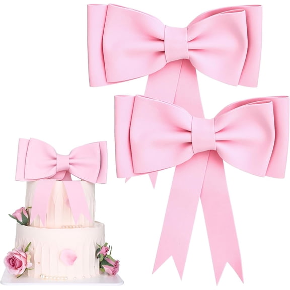 NOGIS 2Pcs Pink Oversized Bow Cake Toppers for Girls Bow Cake Decoration Wedding Cake Toppers Cake Decorating Kit for Girl Birthday Wedding Party Cake Decorations