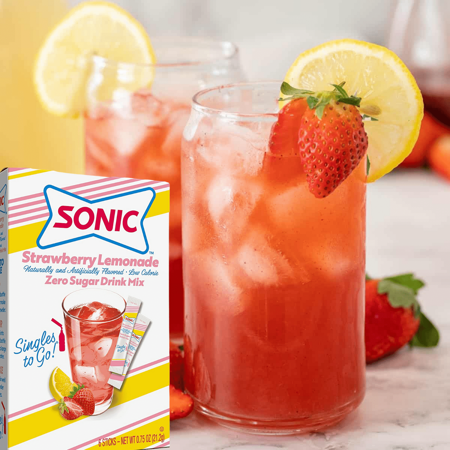Sonic Singles To Go Powder Drink Mix Strawberry Lemonade Flavored -Sugar-Free Low-Calorie & Delicious Fruity Taste Water Enhancer Quick & Convenient Water Beverages (12 Boxes- 72 Total Servings)