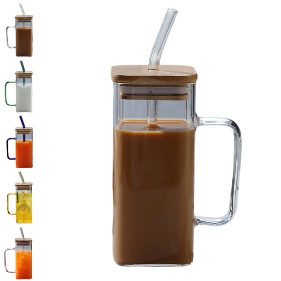 Dvumao 13oz(400ml ) Square Glass Tumbler with Bamboo Lid & Straw, Handle Iced Coffee Cup, Beverage Mug for Cold Drinks