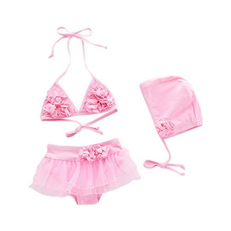 

stylesilove Baby Toddler Girls Lovely Tie Bikini Swimsuit and Hat 3pcs Set Beach Bathing Suit Swimwear (Pink 5-6 Years)