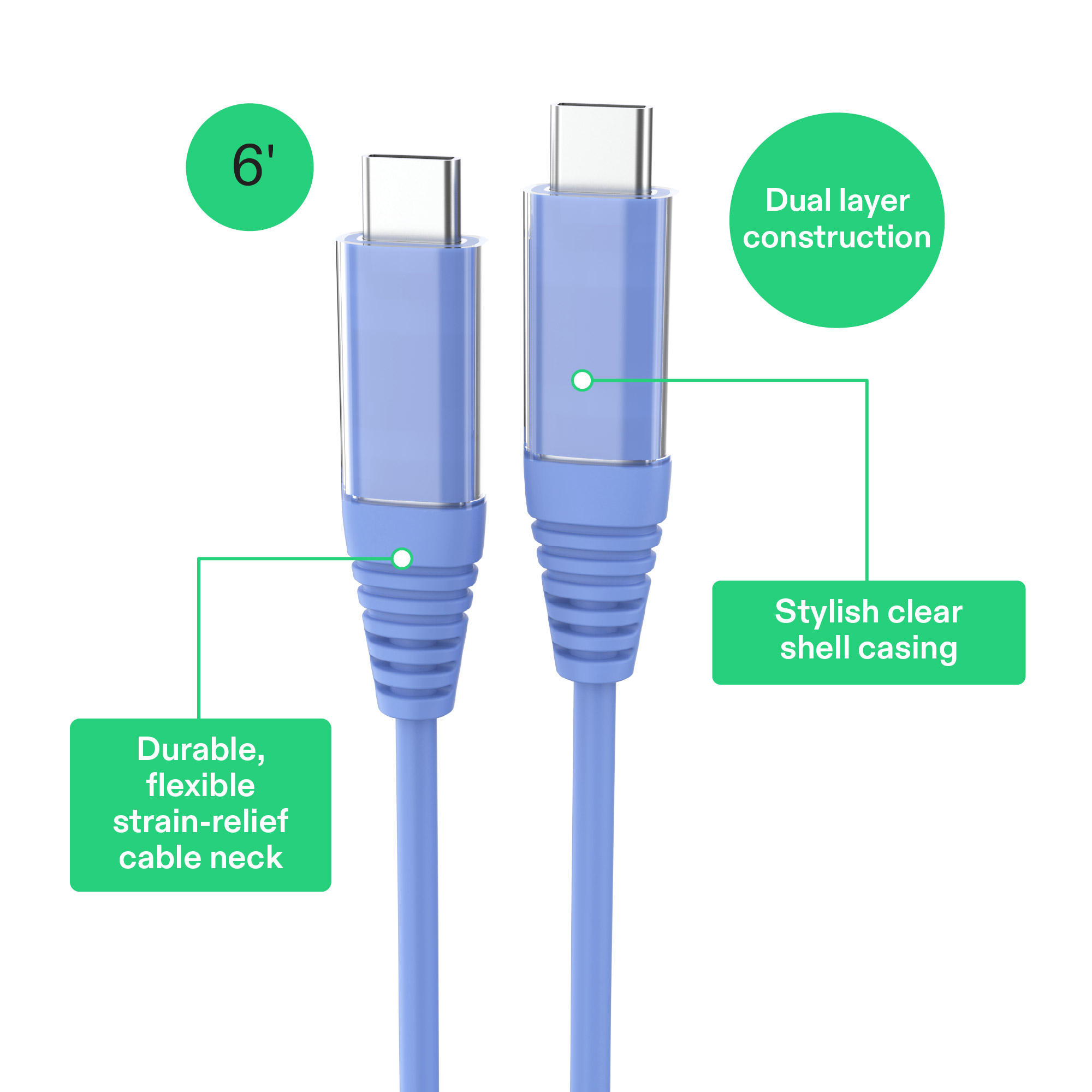 Cable de carga onn de 6 pies USB-C a USB-C, carga rápida, certificado USB-IF, compatible con iPhone 16 y 15, iPad Pro, Samsung Galaxy, Note, Pixel y más - Azul 2