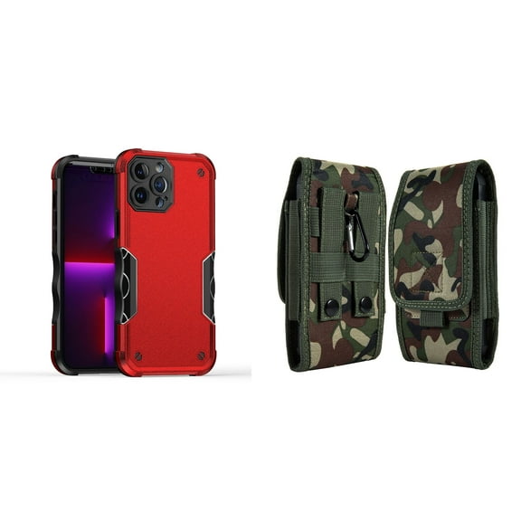 Case with Belt Holster Bundle for iPhone 14 Pro Max: Slim EX Hybrid Series Shockproof Case (Red) and Vertical Rugged Nylon Phone Pouch (Green Camo)