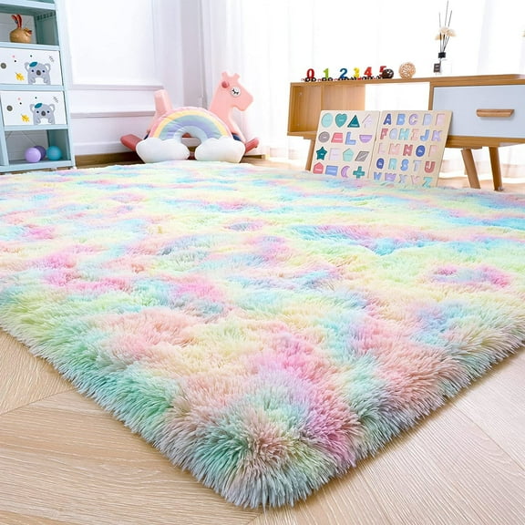 Homore Cute Fluffy Rainbow Area Rugs for Girls Room, Soft Shaggy Colorful Rugs Plush Floor Carpets Princess Rug for Bedroom,4'x6',Rainbow