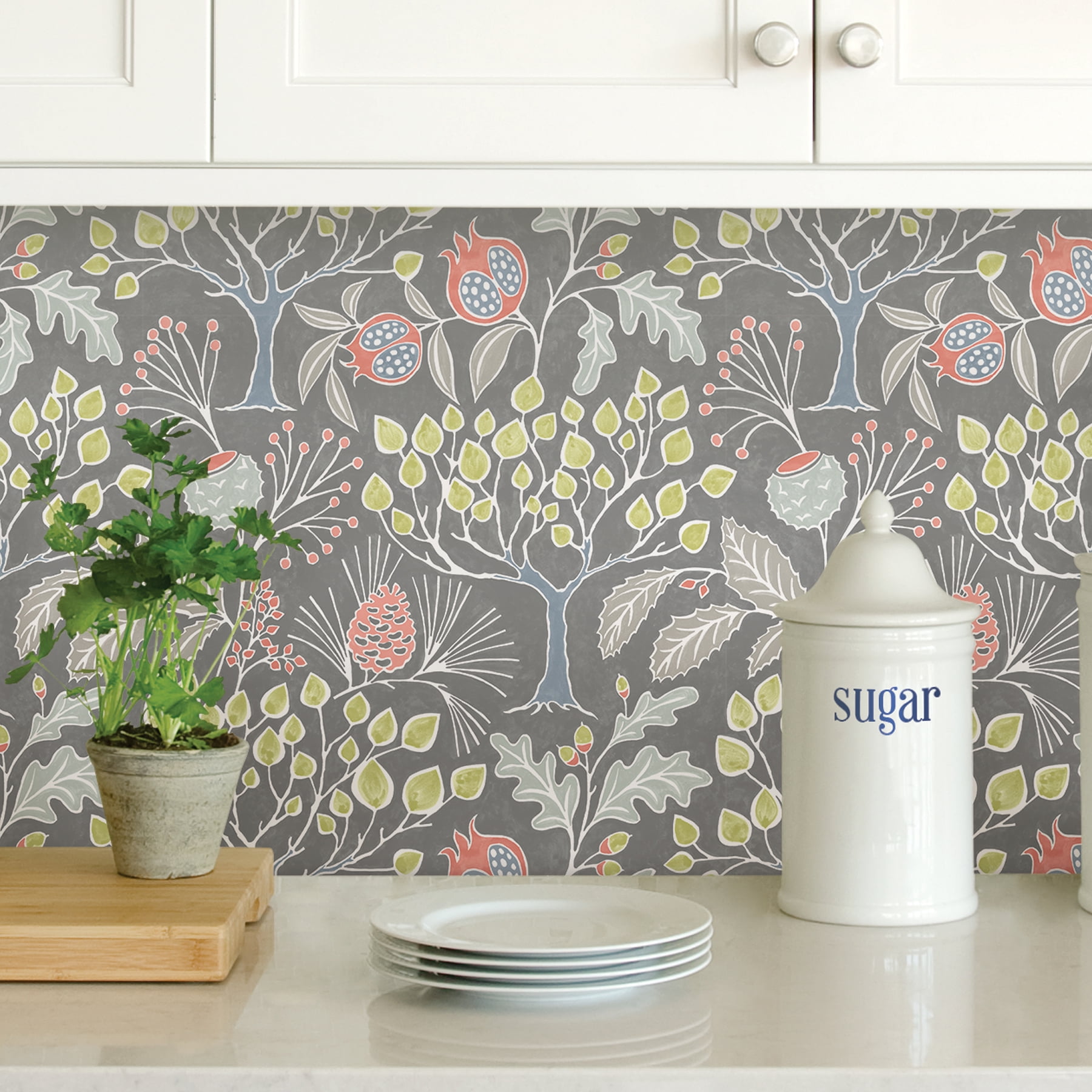 NuWallpaper Groovy Garden Grey Vinyl Peel And Stick Wallpaper, 216-in by 20.5-in, 30.75 sq. ft.