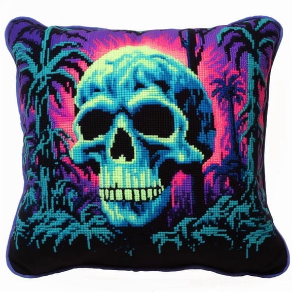 Green Light Skull Latch Hook Kits Pillow DIY Rug Crochet Hook Cushion Making Kits with Preprinted Pattern Canvas Instruction Yarns Easy Starter Christmas Decoration Hooking DIY Kits 43x43cm(d142)