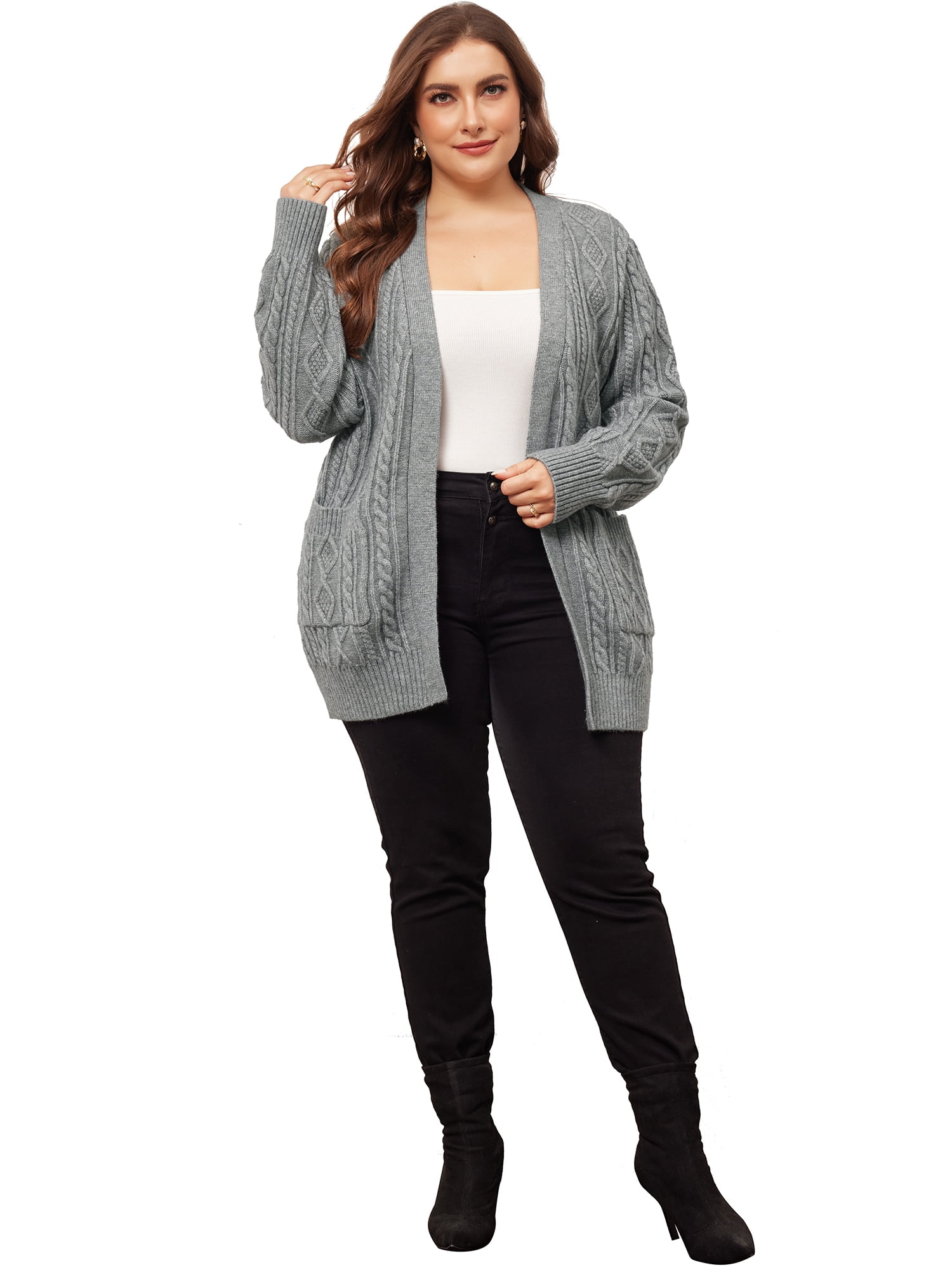 DARING DIVA Women's Plus Lightweight Long Sleeve Open Front Sweater 3X Gray
