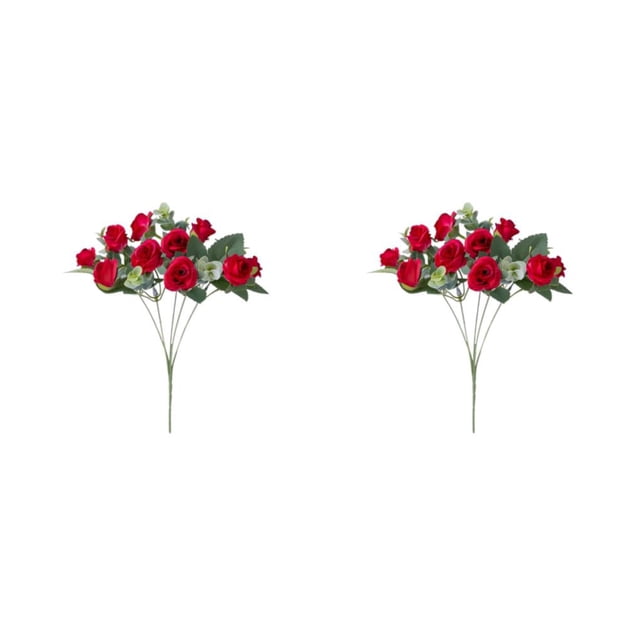 Inteprter Hojas de eucalipto artificiales Flores de rosas Ramo de flores falsas 2piezas Rojo