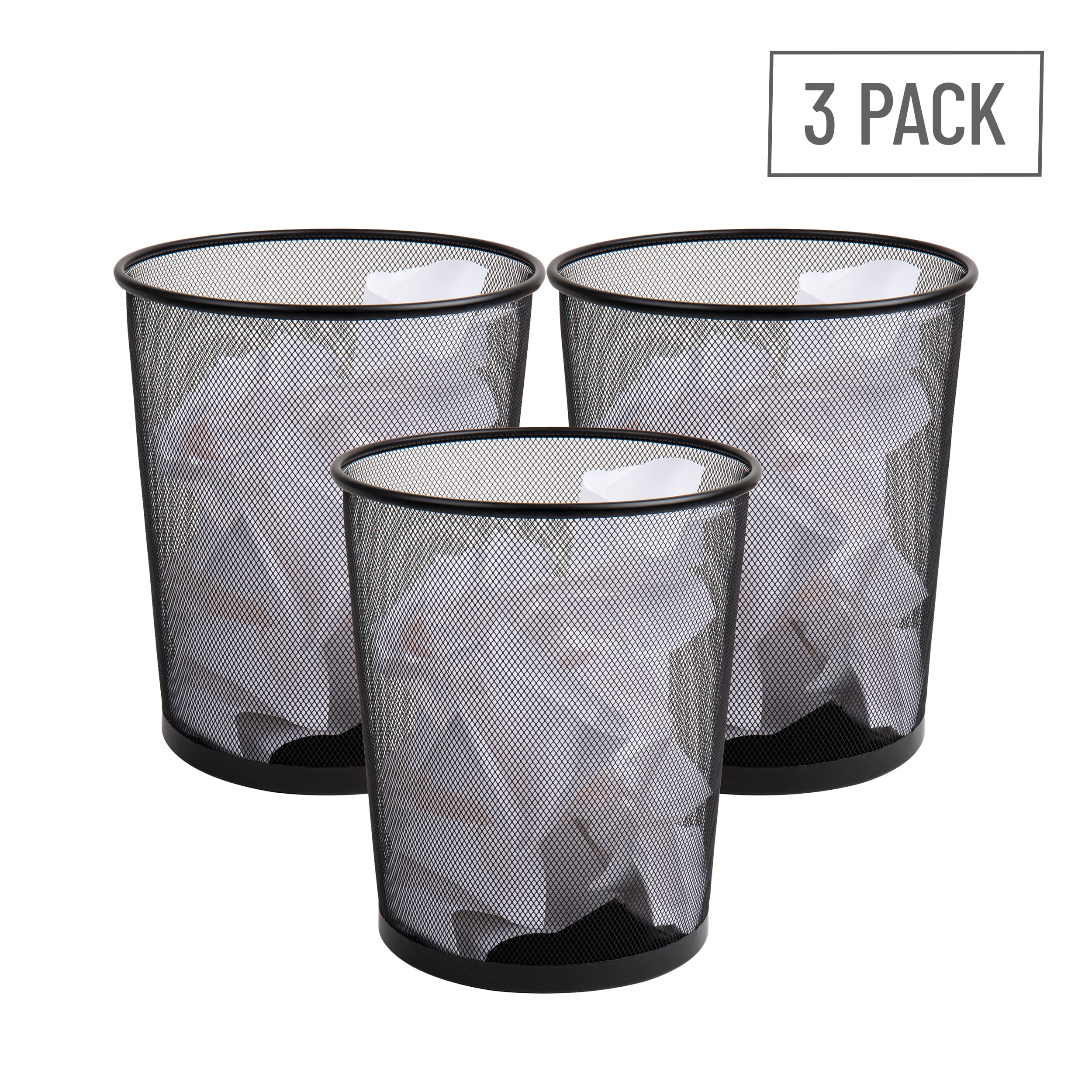 Mind Reader Mesh Trash Can, Set of 3, Waste Paper Basket, Metal, 11.5"L x 11.5"W x 13.75"H, Black