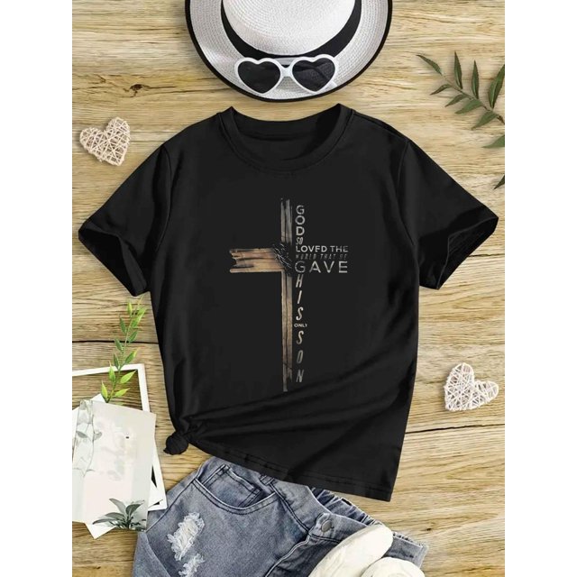 T-Shirt Graphique en Coton pour Filles - Noir avec "GoD SaW eD LoVeD THe SiNNeR" et Imprimé Croix, Col Rond Doux, Haut d'Été Décontracté, Coupe Régulière, Vêtements pour Adolescentes