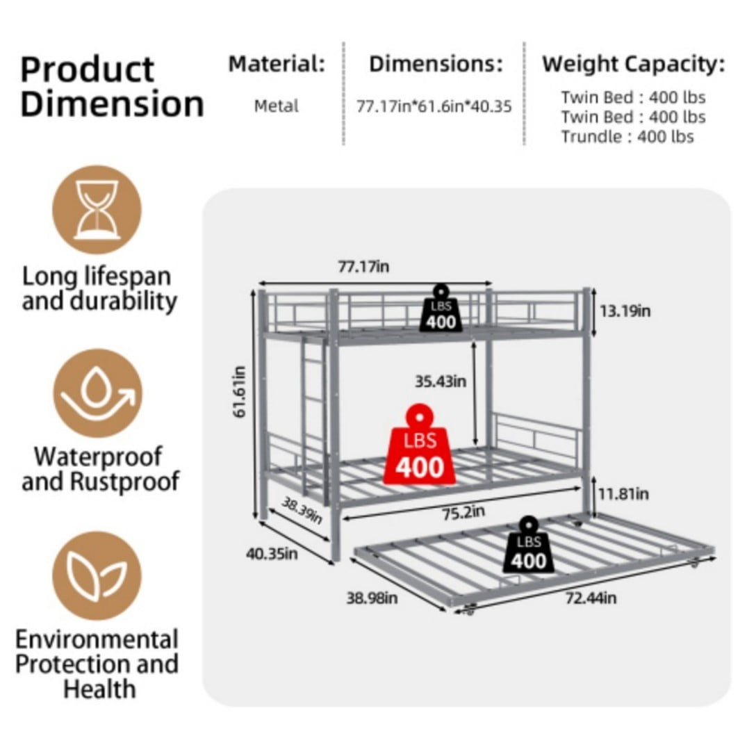 Twin Triple Bunk Bed, 3-in-1 Convertible Metal Bunk Bed Frame, Space-Saving Design with Guardrails & Ladder, Heavy-Duty Iron, Silver