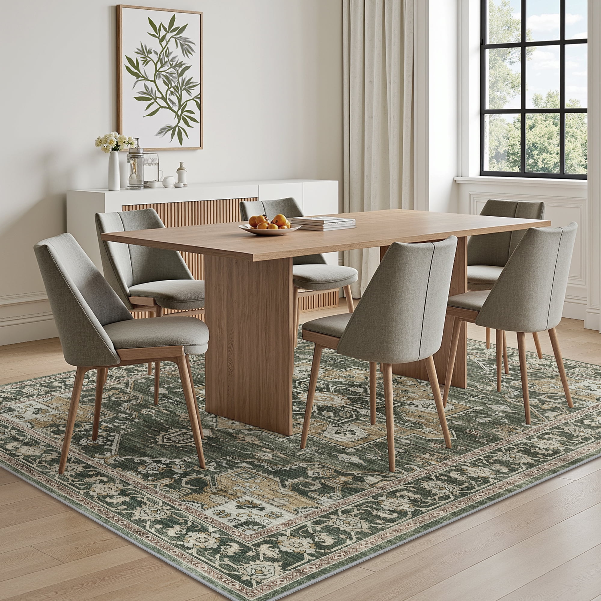 SIXHOME 9'x12' Rugs for Living Room Washable Traditional Distressed Soft Carpet Large Area Rug Retro Floral Indoor Throw Rug for Bedroom Dining Room Vintage Green