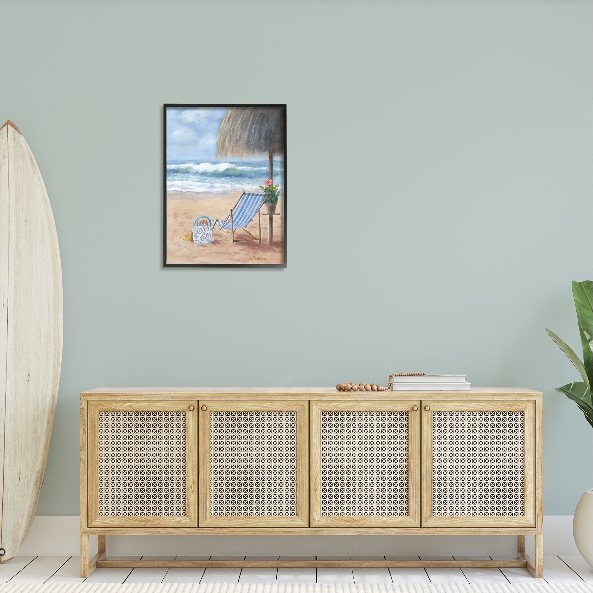 Stupell Beach Chair Tropical Relaxing Vacation Landscape Painting Black Framed Art Print Wall Art