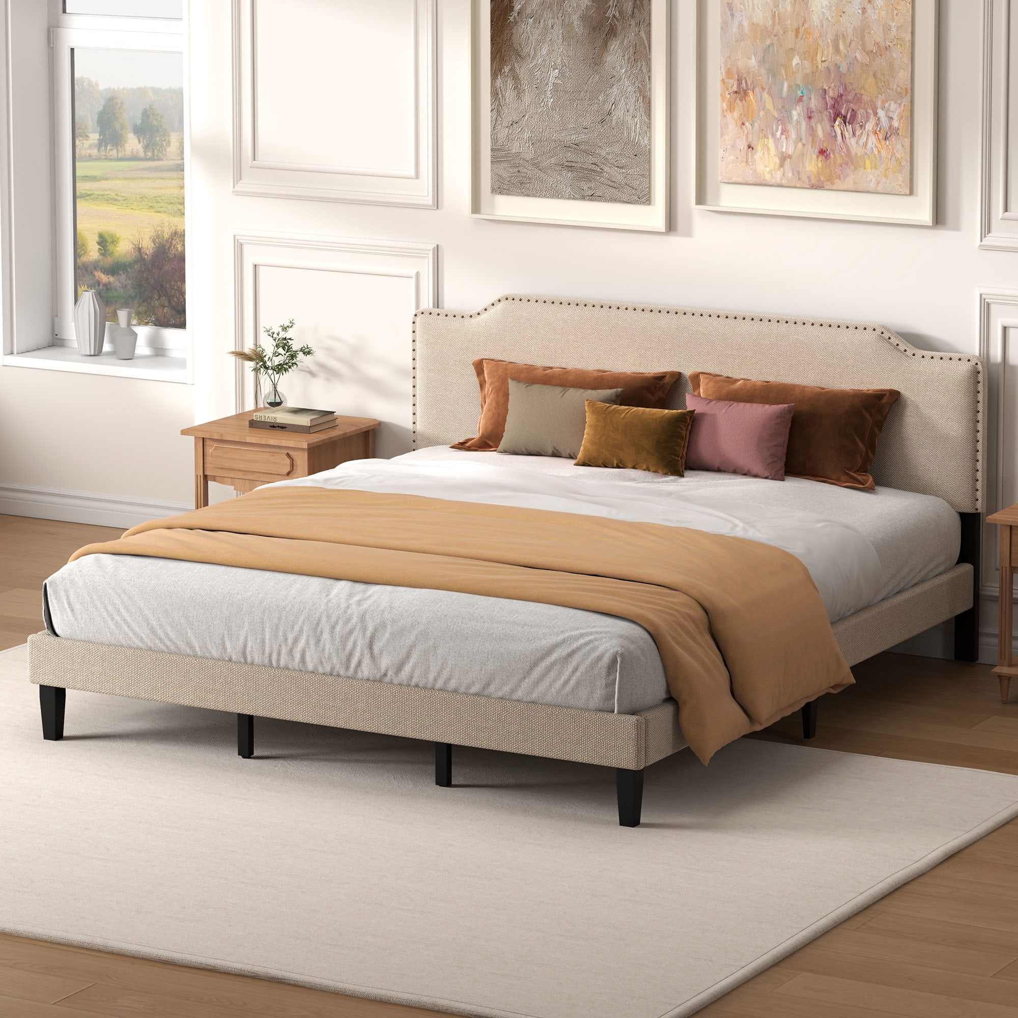 Pingliang Home King Size Bed Frame with Adjustable Headboard, Rivet Decoration Upholstered Headboard, Easy to Assemble, Noise Free,Beige