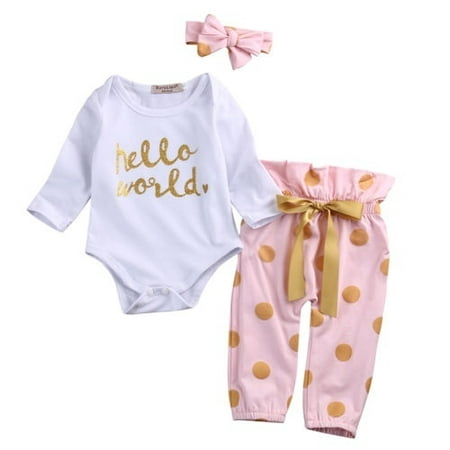 Newborn Infant Baby Girls Long Sleeve HELLO WORLD Romper Tops +Long Pants Outfit Clothes Set