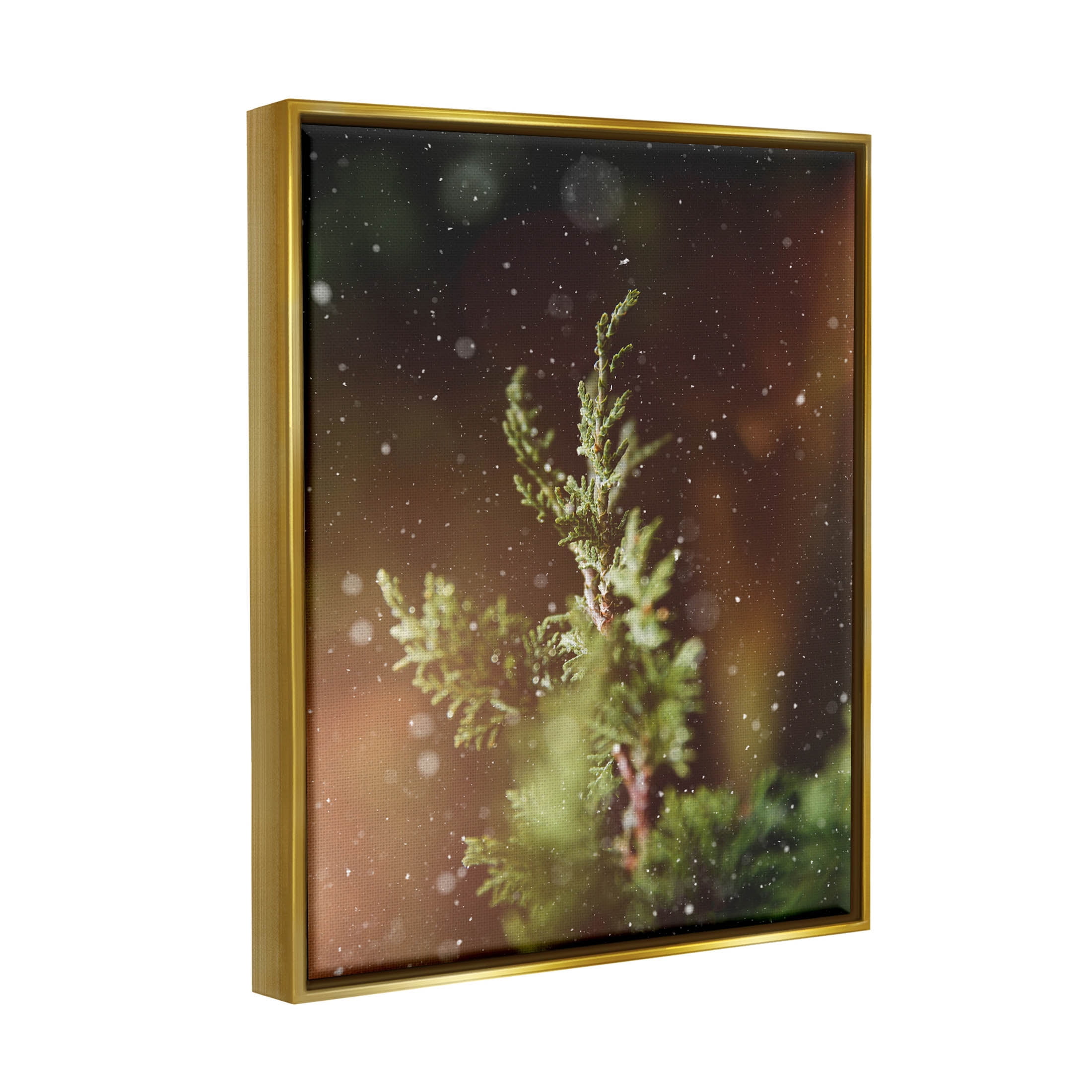 Winter Snowfall Night Pine Tree Holiday Photograph Metallic Gold Framed Art Print Wall Art