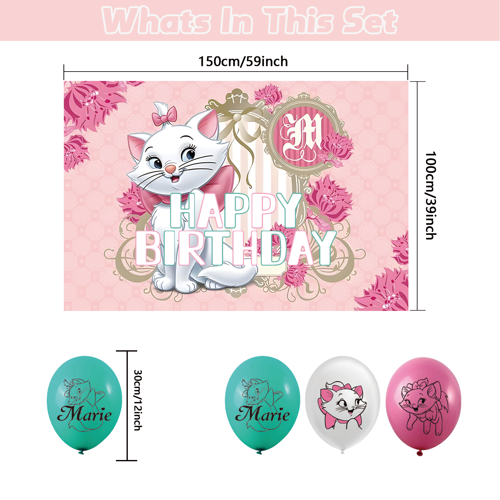 32 Pcs For Marie Aristocats Cat Theme Birthday Party Decoration Set - Includes Happy Birthday Backdrop Decorations, Cupcake Toppers, and Balloons for Kids’ Celebrations