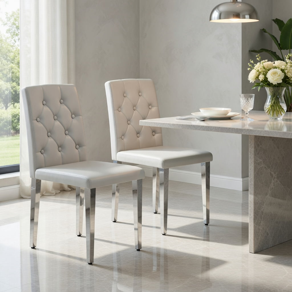 Hommoo 4-Pack PU Leather Dining Chairs with Ergonomic Buckle Backrest & Metal Legs, 35 in Tall, Commercial-Grade Comfort for Restaurants, Cafes & Home Dining, Light Gray & Sliver