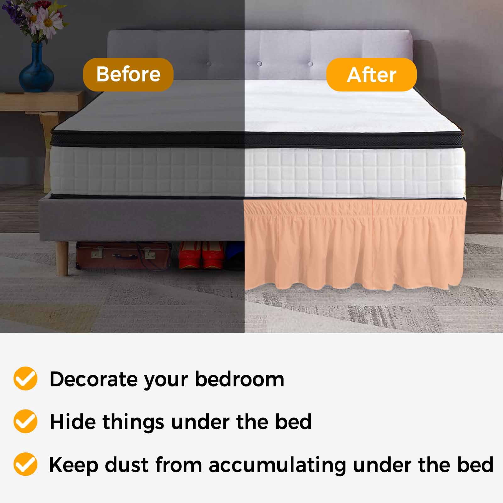 Bed Skirt Peach Fuzz Adjustable Elastic Wrap-Around Dust Ruffle with Coral 16 Inch Drop, Bed Frame Cover for Queen Size Bed