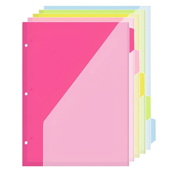 CCOCC 5pcs Binder Dividers with Pockets and Tabs 3 Hole Punched Page Dividers Plastic Pocket Dividers for 3 Ring Binder