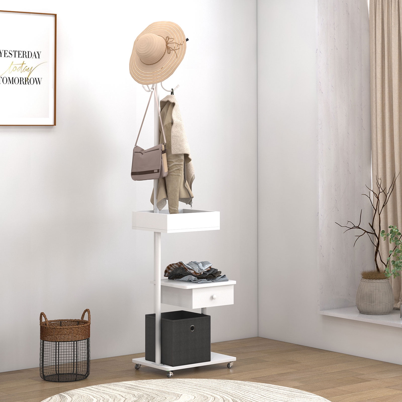 Metal Coat Rack Stand with Nightstand, Drawer and Open Shelf for