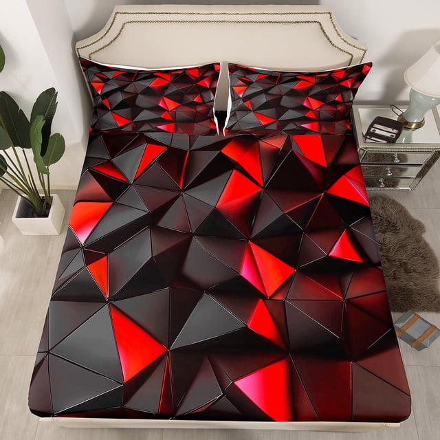 Erosebridal Drap-Housse Hexagonal Néon Rouge Full, Ensemble de Draps-Housses à Rayures Géométriques Full, Ensemble de Literie Moderne Abstrait Full Size, Décoration de Chambre en Microfibre, 3 Pcs (Sans Drap Plat)