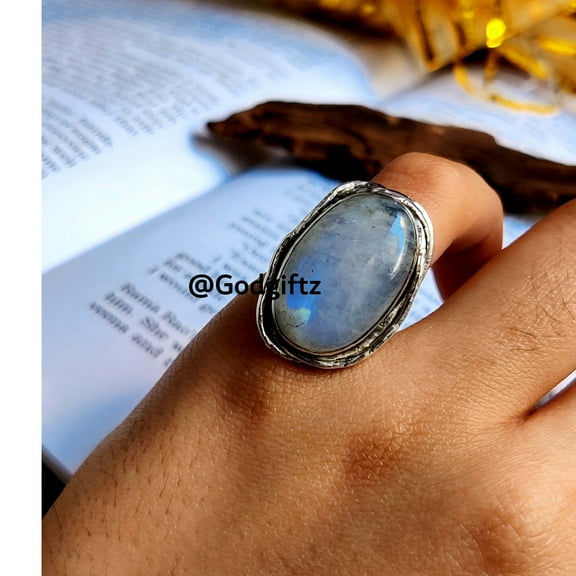 Handmade Rainbow Moonstone Ring: Oval Cabochon, 925 Sterling Silver