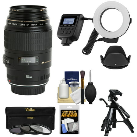 Canon EF 100mm f/2.8 Macro USM Lens with Ringlight + Tripod + Hood + 3 Filters Kit for EOS 6D, 70D, 5D Mark II III, Rebel T3, T3i, T4i, T5, T5i, SL1 DSLR (Best Macro Lens For Canon 5d Mark Iii)