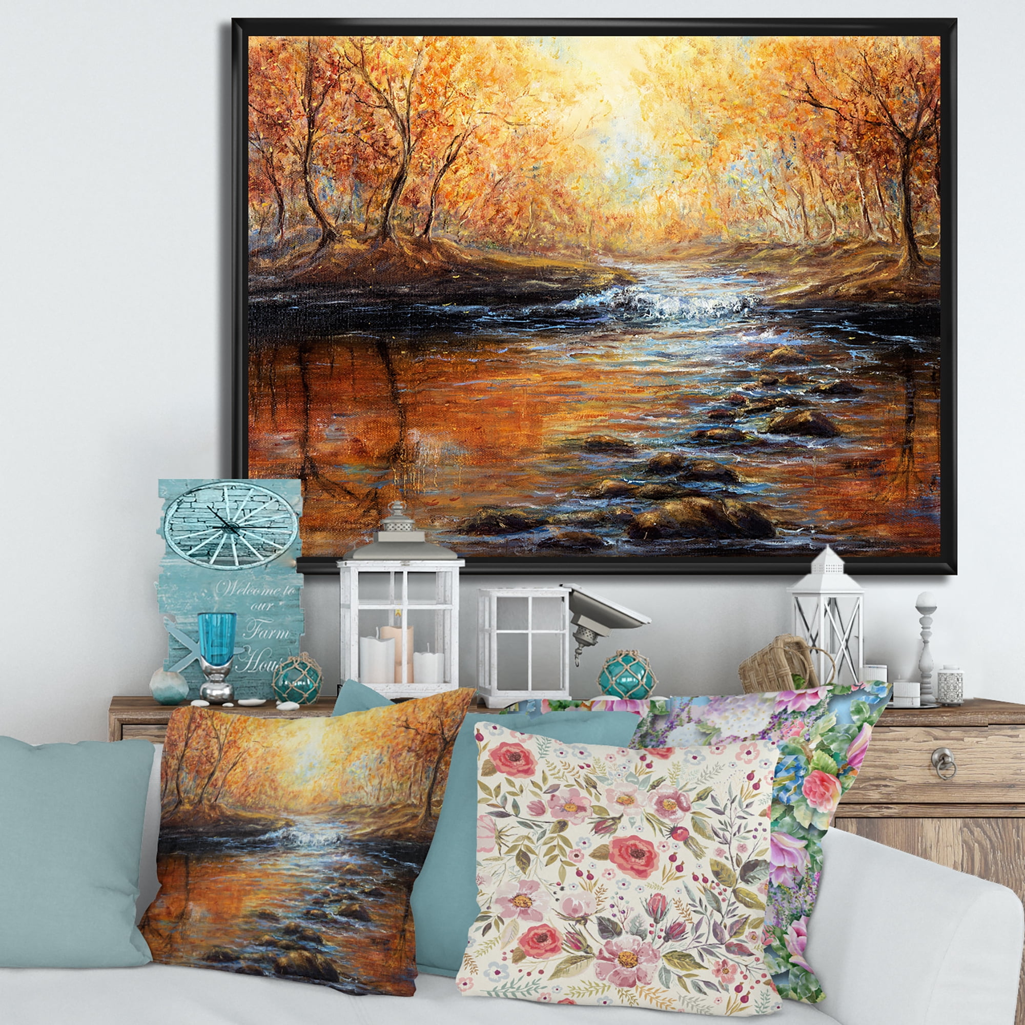 Sunrise Glow In The Autumn Forest 32 in x 24 in Framed Painting Canvas Art Print, by Designart