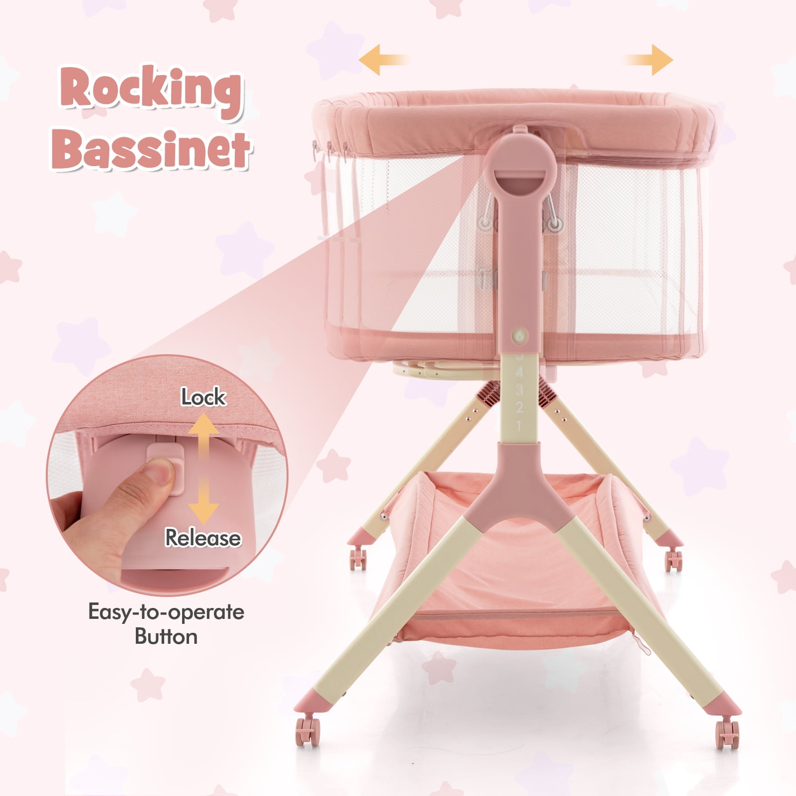 Costway Height Adjustable Bedside Sleeper Baby Crib with Storage Bag Pink