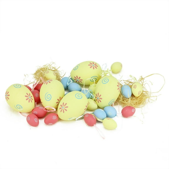 Set of 29 Blue Yellow and Pink Painted Floral Spring Easter Egg Ornaments 3.25"