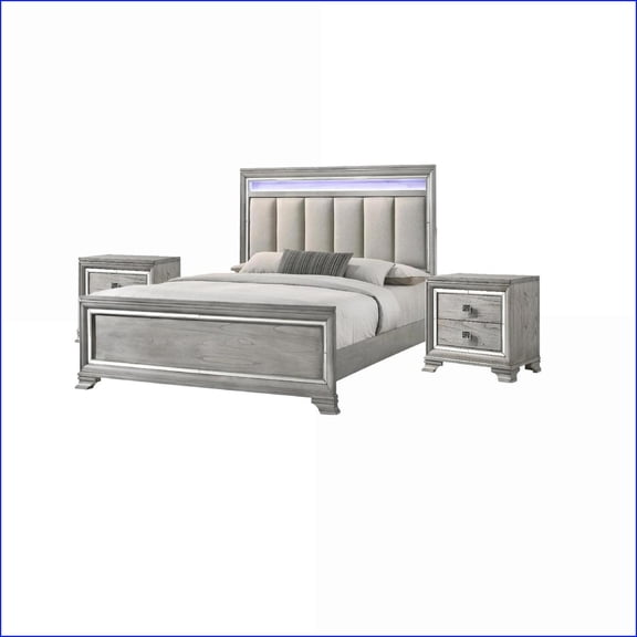Bedroom Furniture Set, Modern King Size 3pc with LED Tufted Headboard & Nightstands, Light Gray | Light Gray | Solid Wood
