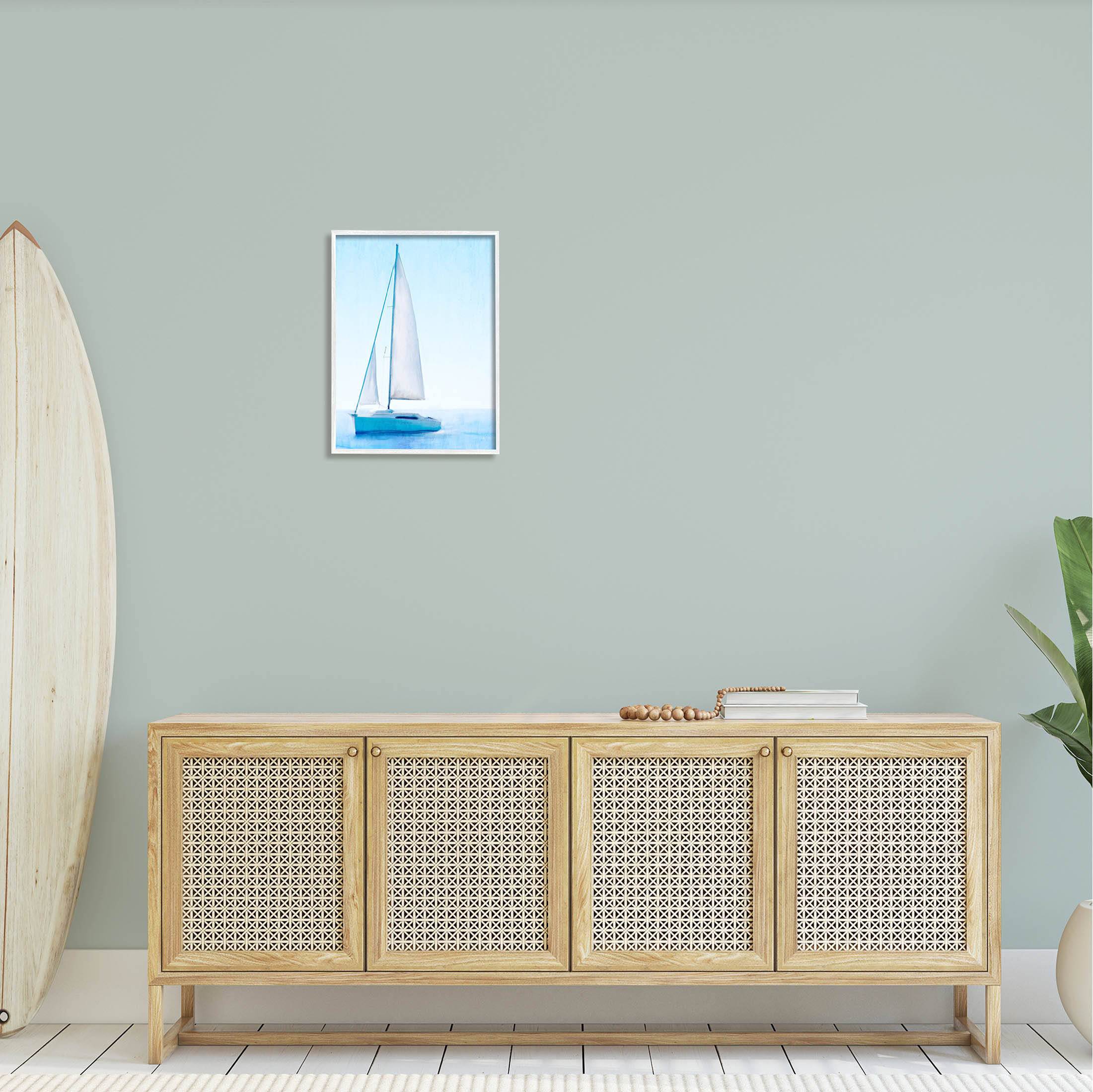 Stupell Industries Sailboat Drifting Blue Ocean Sky Graphic Art White Framed Art Print Wall Art, Design by Kim Allen