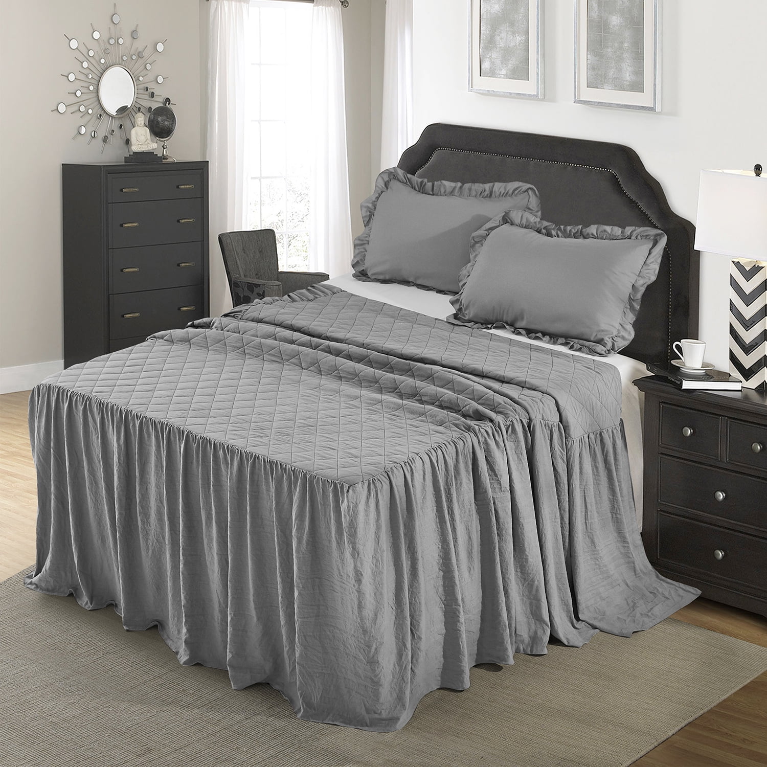 Homechoice 3Piece Prewashed Ruffle Skirt Bedspread Set King Dark Gray