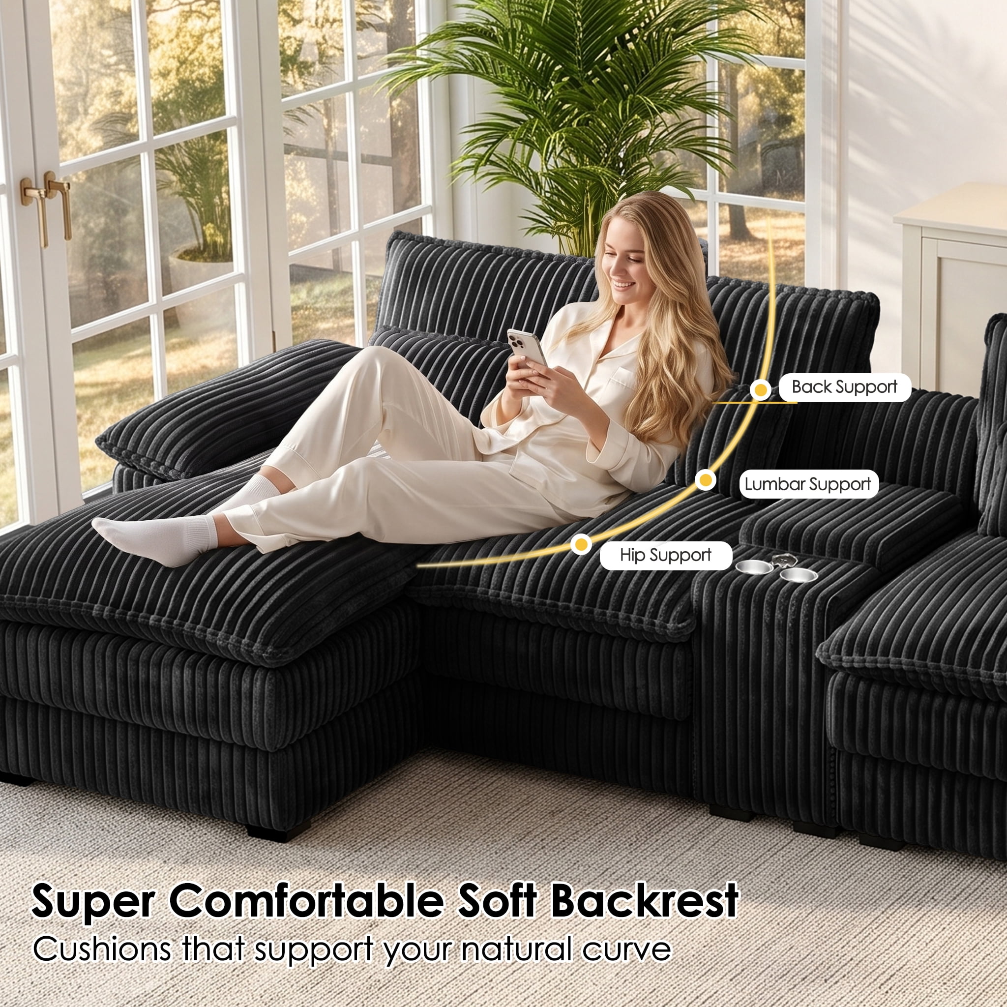 Avobird Oversided 145" U Shaped Cloud Couch Sectional, DeepSeat Sofa Bed with USB Charging, Hidden Storage, Cup Holders & Chenille Double Chaise, Gray