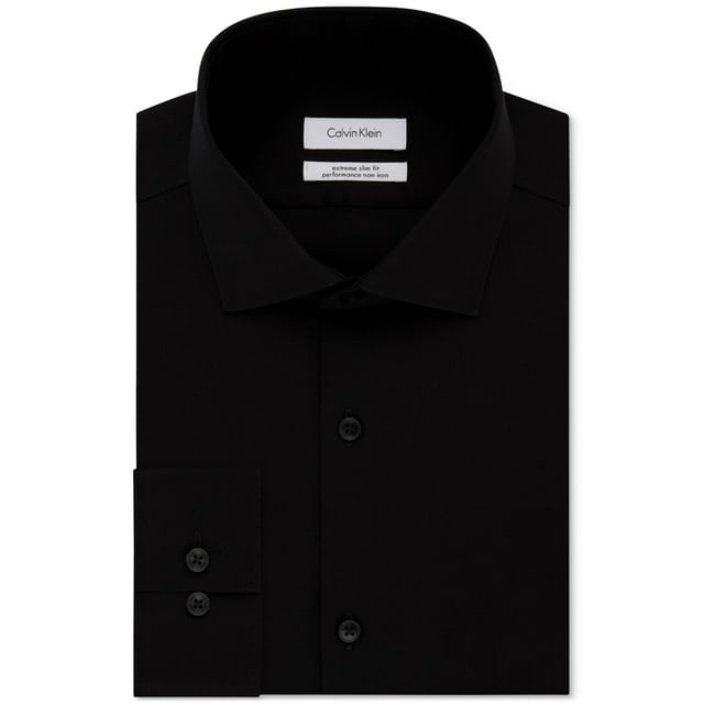 Calvin Klein Mens Non-Iron Button Down Dress Shirt, black, 16 Neck