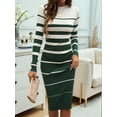 thumbnail image 4 of Female Fashion Striped Dress Long Sleeve Crew Neck Bodycon Midi Ribbed Knit Slim Fit Sweater Dress Green M, 4 of 7