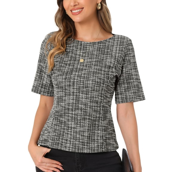INSPIRE CHIC Tweed Top for Women's Round Neck Short Sleeve Pullover Work Office Blouse XS Black