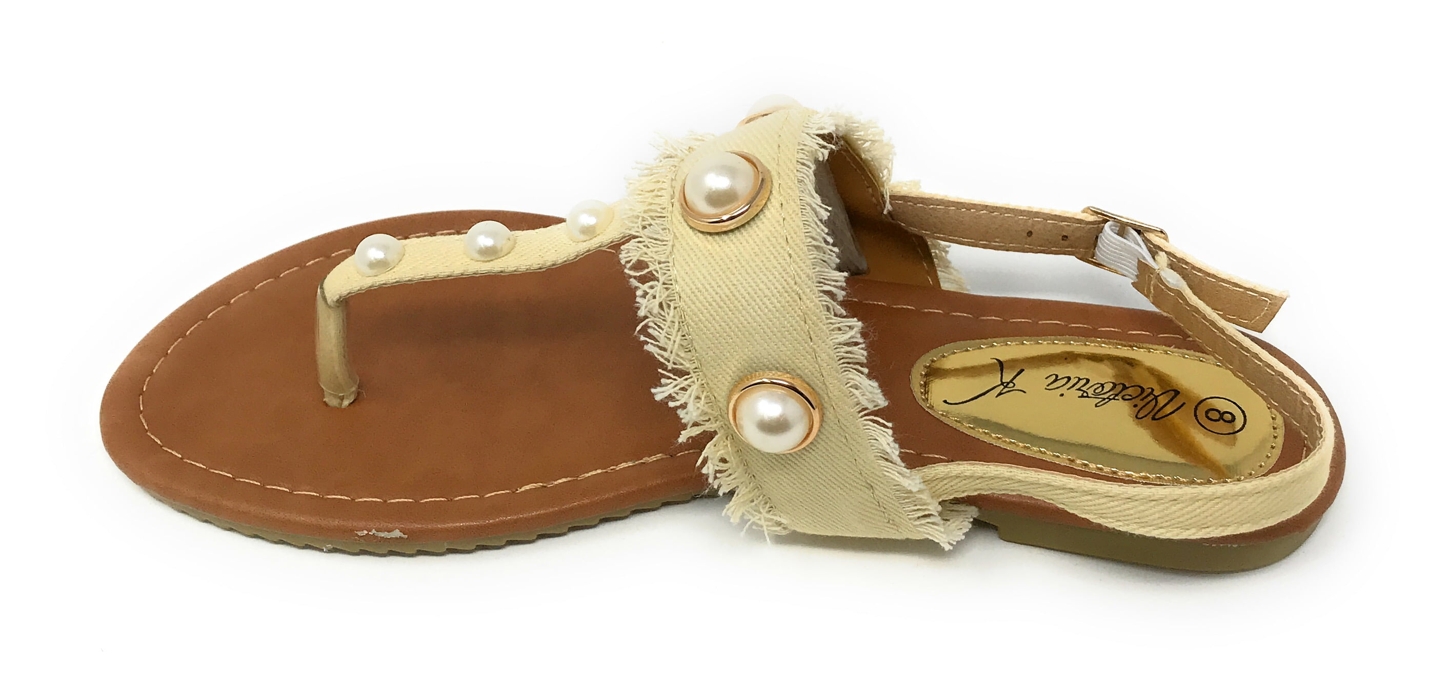 Victoria K Women's Fringed Denim With Pearl Studs Sandals