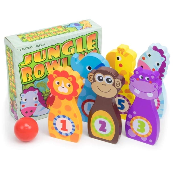 Jungle Bowling Game, Indoor/Outdoor Family Fun with 6 Wooden Zoo Animal Pins by, JUNGLE BOWLING