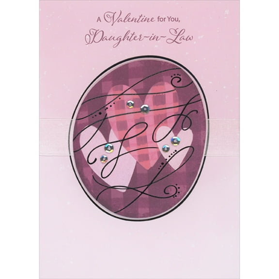 Designer Greetings Egg Shaped 3D Die Cut Dark Purple Banner, Three Hearts, Black Swirls, Silver Sequins on Pink Hand Decorated Valentine's Day Card for Daughter-In-Law