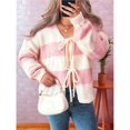 thumbnail image 4 of Chaqueta de Punto Holgada Informal con Cuello en V y Larga para Mujer, Cárdigan de Punto con Cordones y Rayas en Contraste. Rosa M, 4 of 10