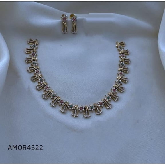 South Indian Bollywood Gold Plated AD CZ White, Ruby & Green Stone Haaram Matte Finish Brass Necklace with Matching Drop Earrings – Traditional Bridal & Party Wear Jewelry Set